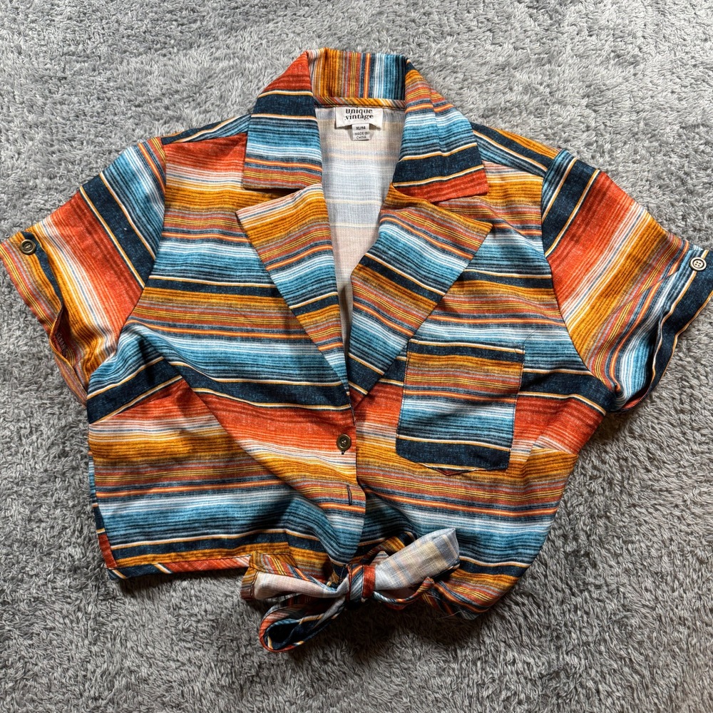 Unique Vintage Women Tie Front Crop Top XL Multicolor Striped Retro Button Up